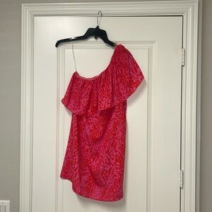 One-Shoulder Ruffle Dress Top - Pink Animal Print